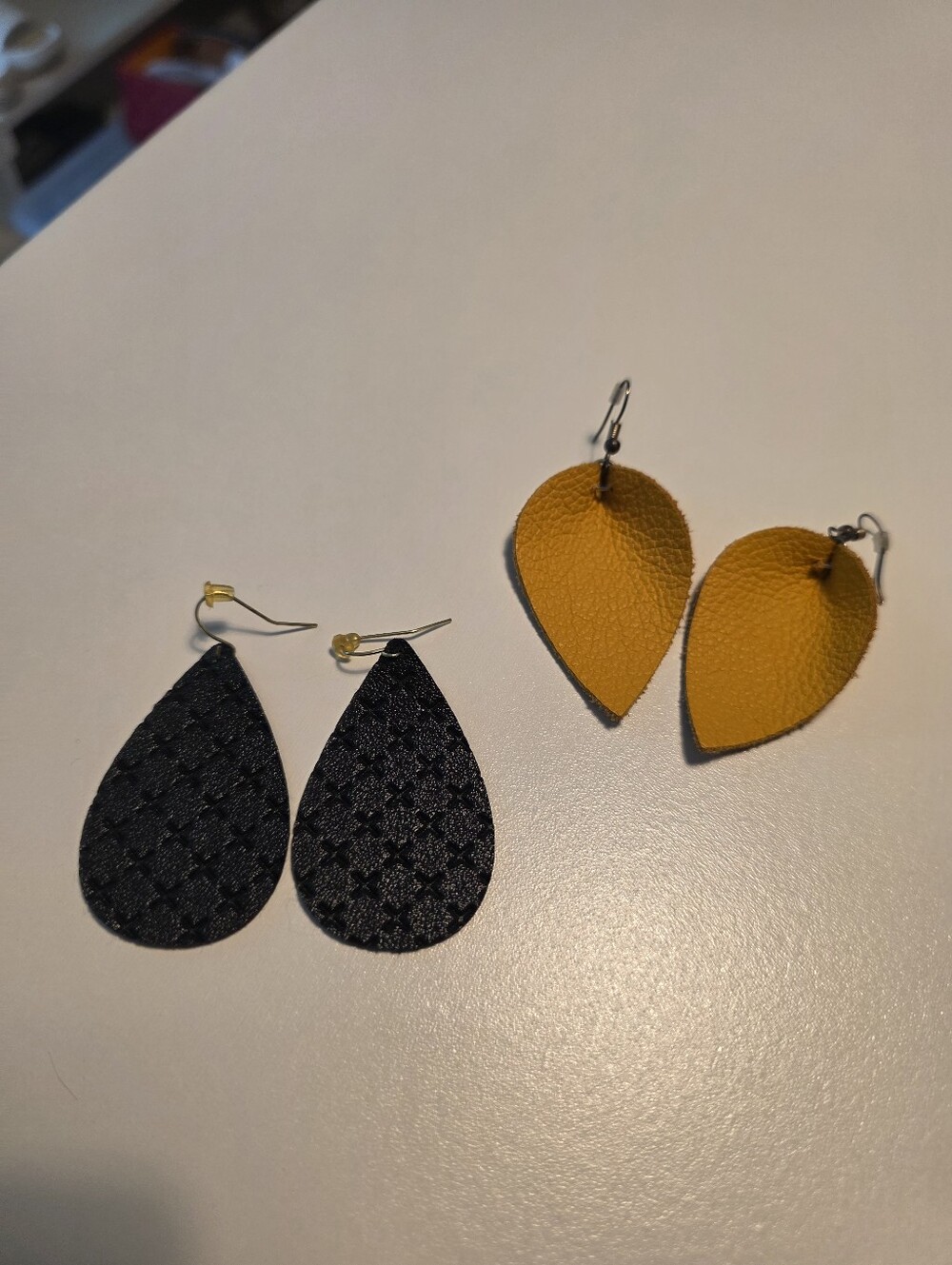 Classic Teardrop Leather Earrings - Black & Mustard Yellow
